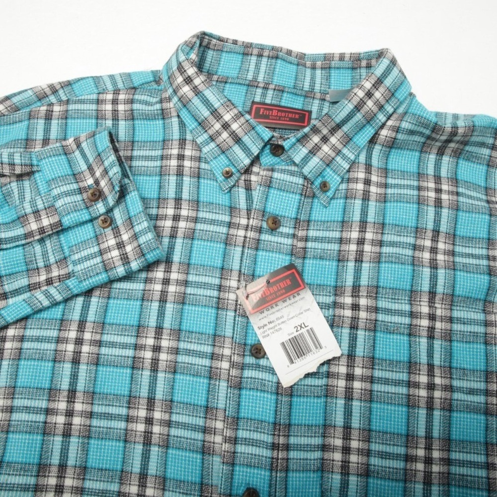 FiveBrother Plaid Button Down Shirt Mens 2XL Turquoise Black Workwear 5545 NEW